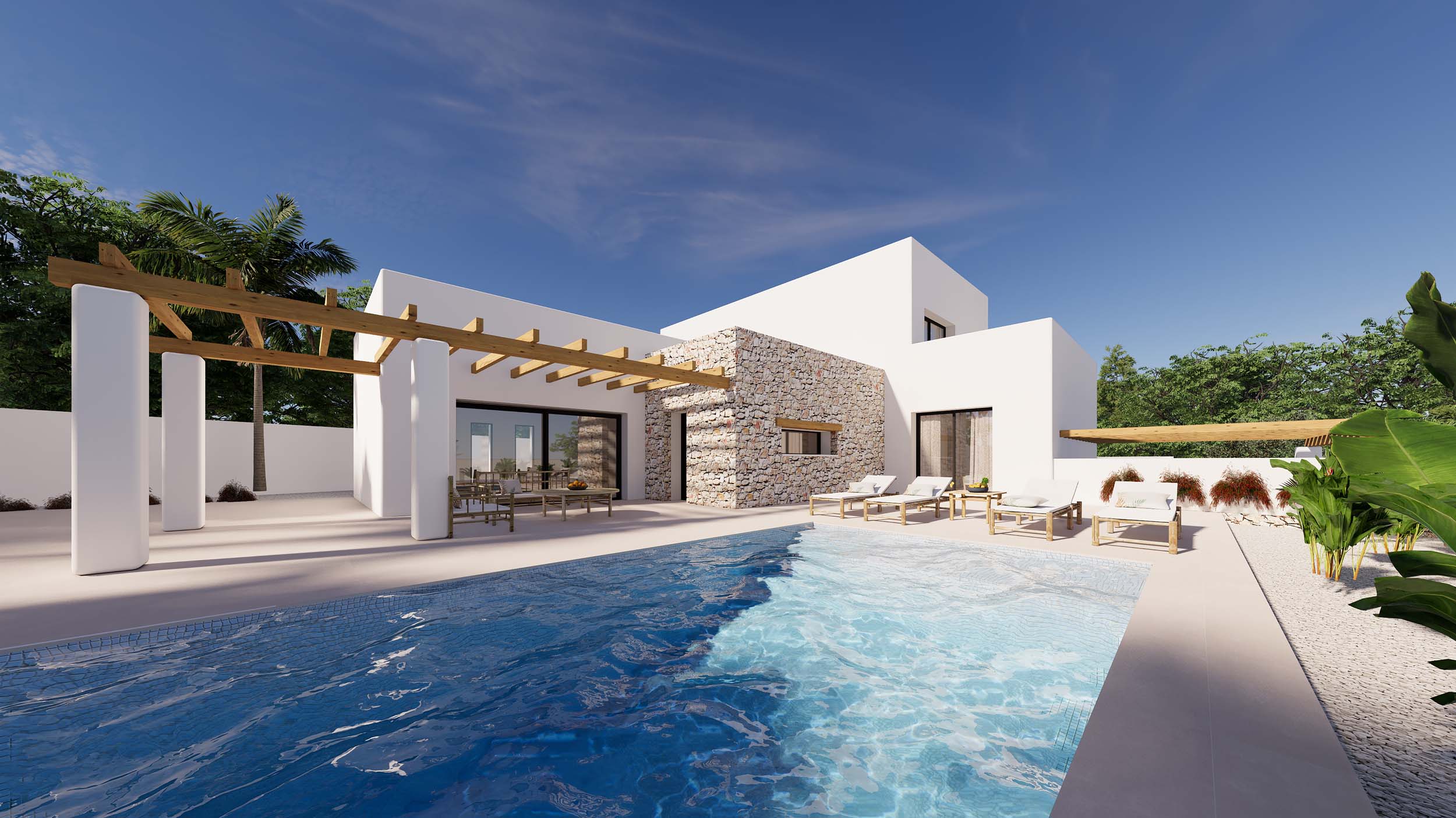 Vue extérieure de la villa avec piscine privée, terrasse ensoleillée et pergola en bois, mettant en valeur la façade blanche et les murs en pierre naturelle.