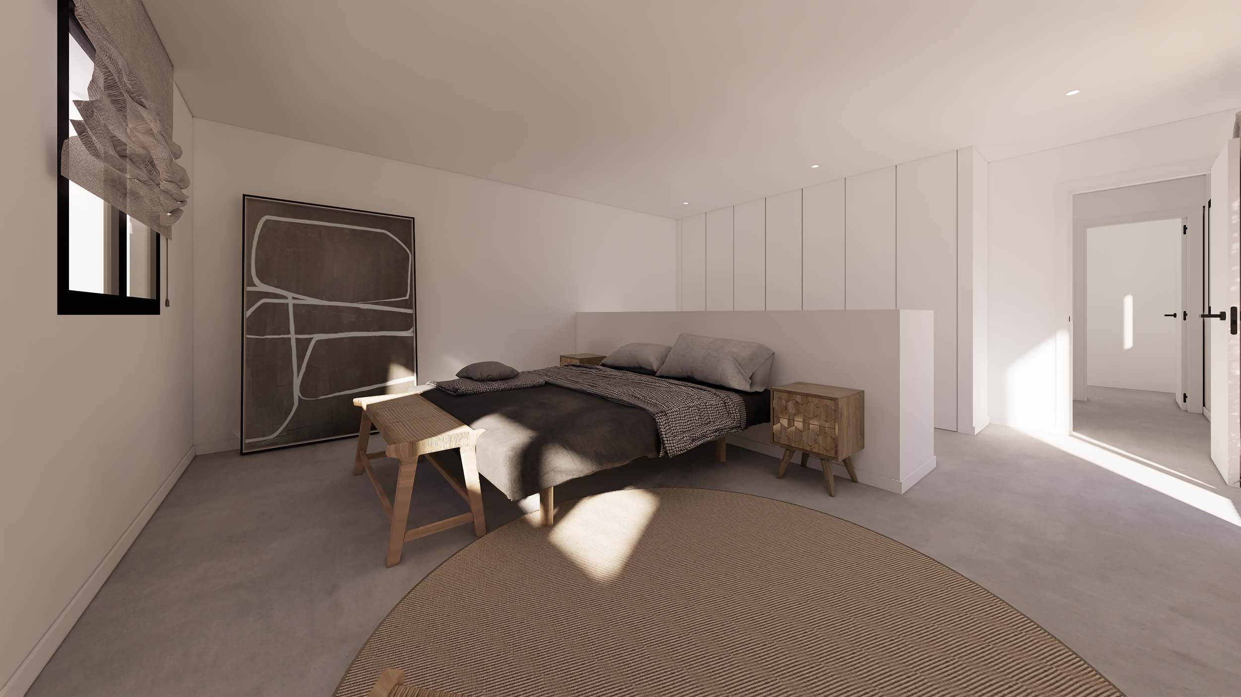 Chambre minimaliste avec lit gris, tables de chevet en bois sculpté et placards blancs intégrés. Comprend un banc en bois, un tapis circulaire et une lumière naturelle douce.