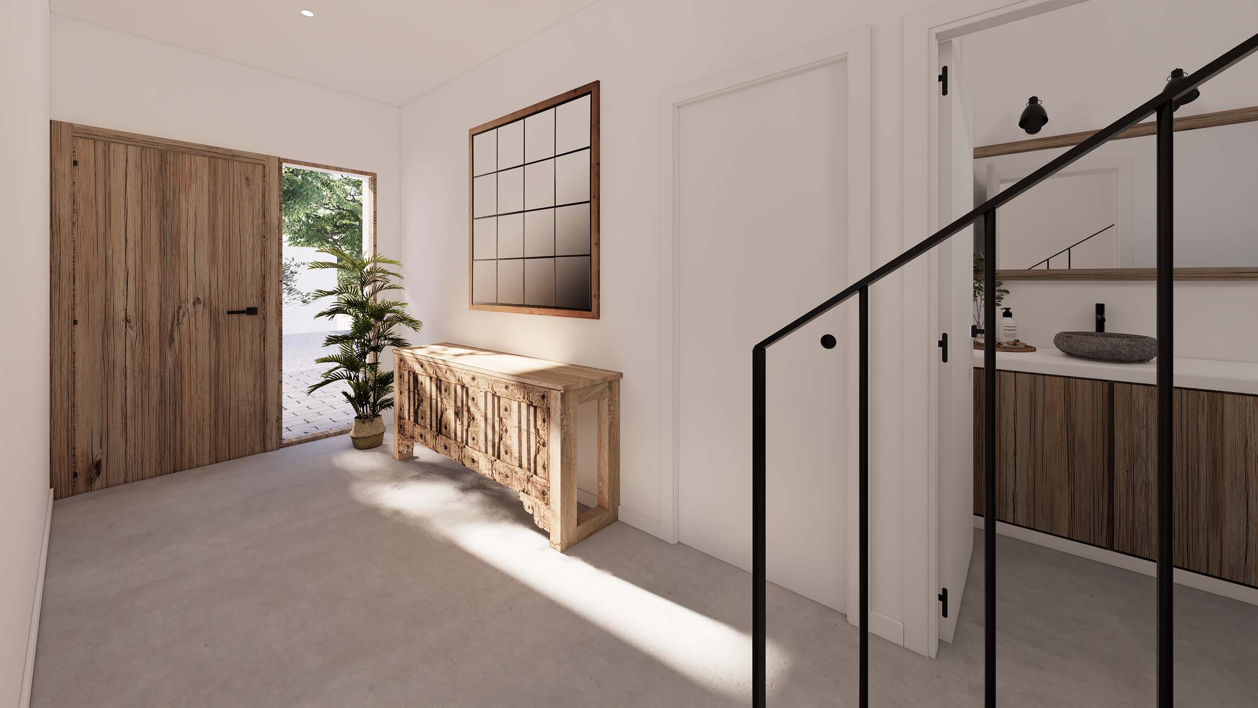 Hall d'entrée avec porte en bois naturel, console sculptée et sols en micro-ciment. Comprend un accès à une salle d'eau avec vasque en pierre et détails noirs.