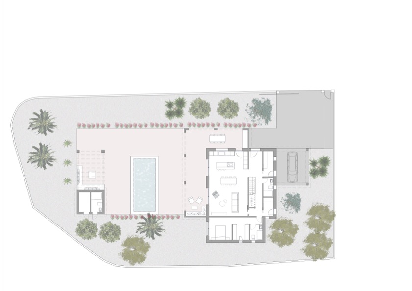 Plan de masse détaillé du rez-de-chaussée montrant l'agencement de l'espace de vie ouvert, la cuisine, la terrasse avec piscine et les jardins environnants.