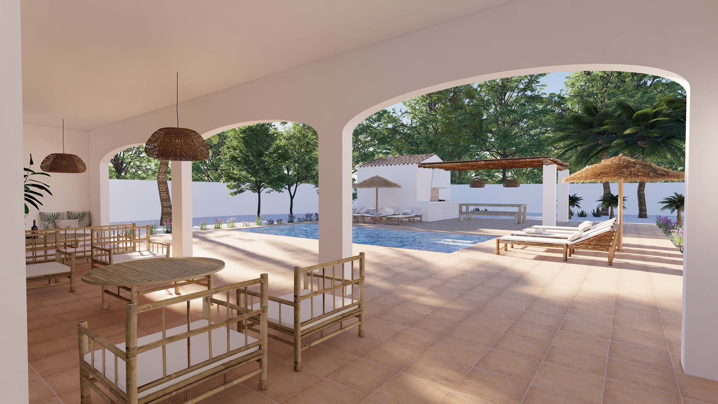 Porche couvert aux arches blanches avec mobilier en bambou, offrant une vue sur la piscine et la cuisine d'été sous pergola en bois.