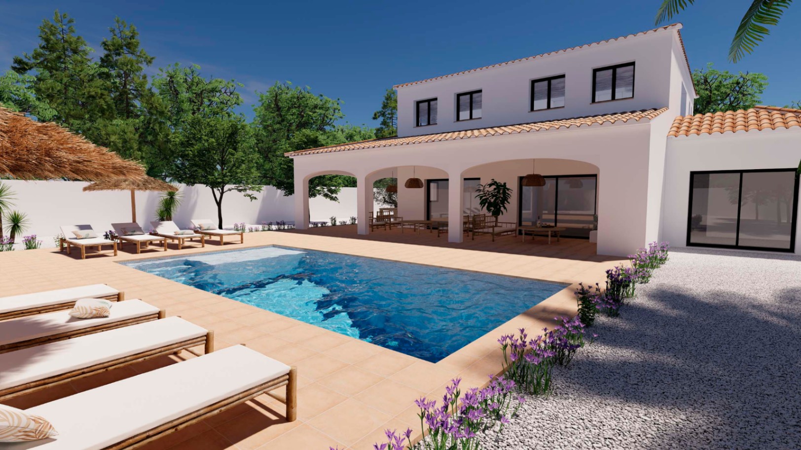 Vue extérieure de la piscine rectangulaire avec terrasse en terre cuite, chaises longues en bois et grand porche couvert aux arches méditerranéennes classiques.