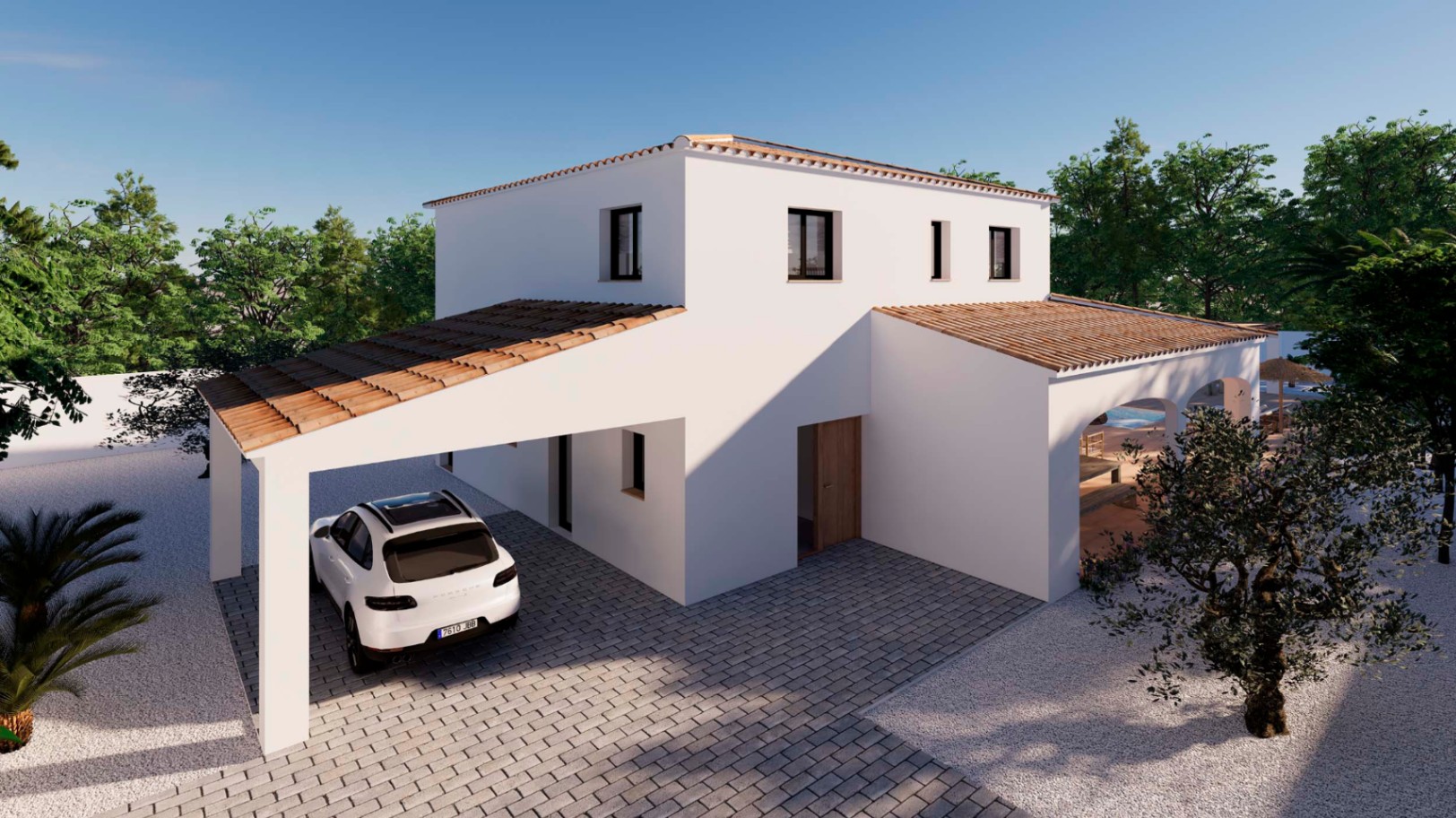 Vue extérieure de la villa avec façade blanche, toiture en tuiles traditionnelles, abri de voiture couvert et allée pavée entourée d'un jardin méditerranéen.