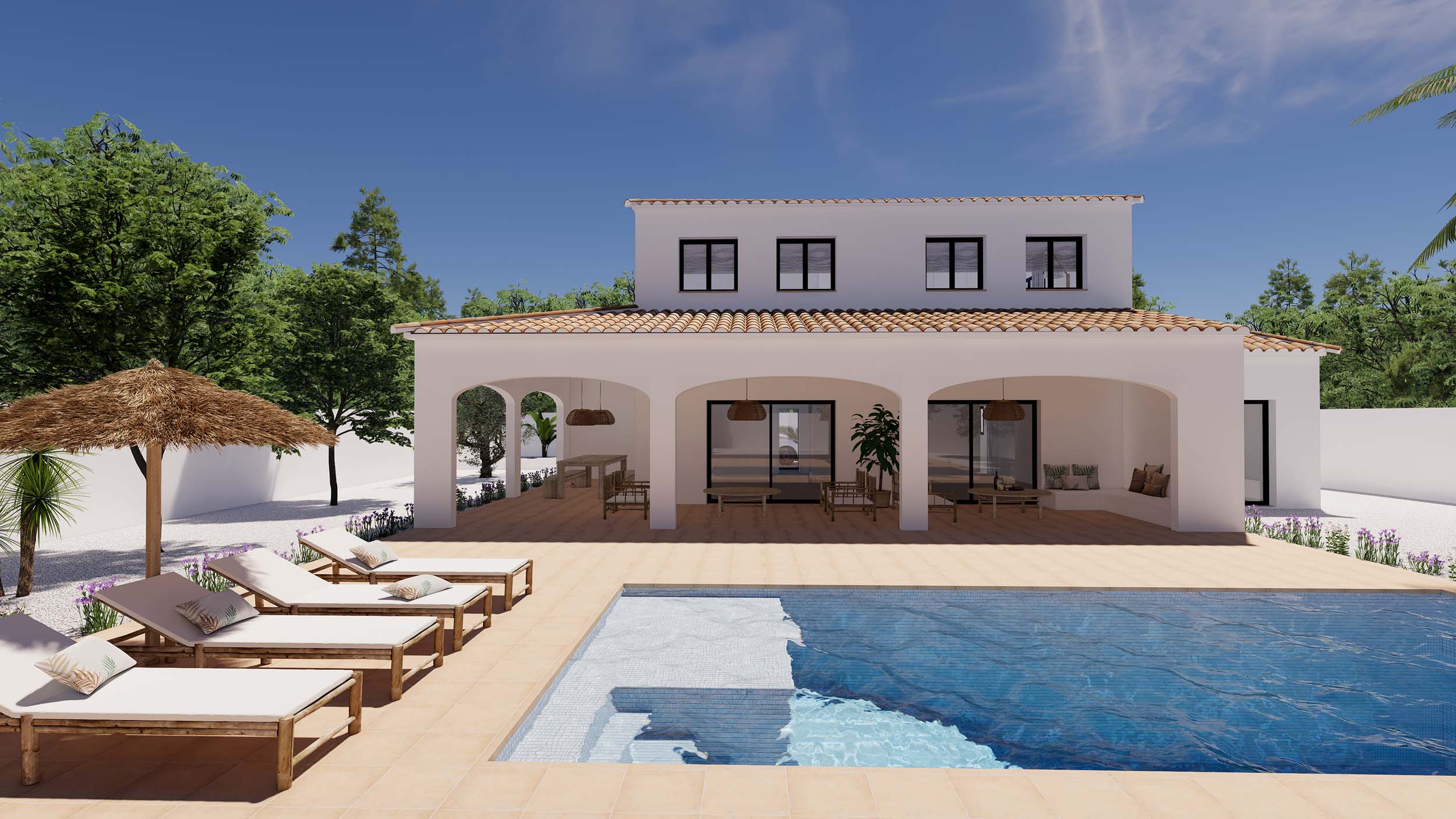Vue extérieure de la villa avec piscine en mosaïque, chaises longues en bois et une grande terrasse couverte à arches avec sol en terre cuite.