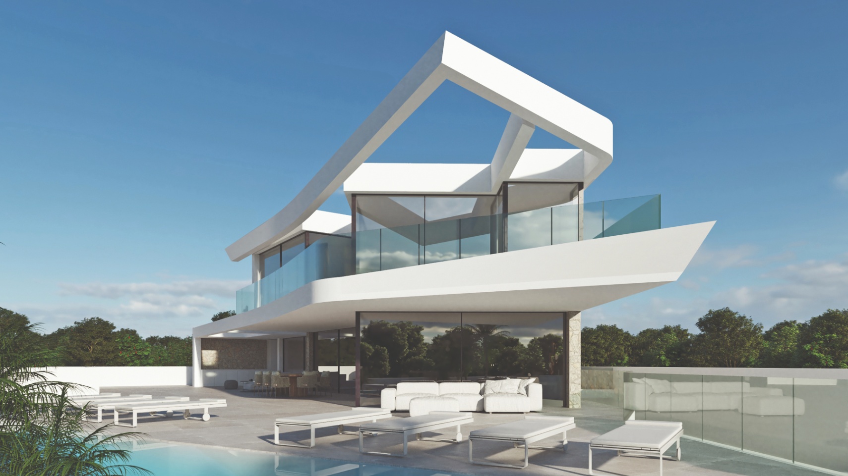 Façade contemporaine aux lignes blanches épurées, dotée de larges baies vitrées, de garde-corps en verre et d'une terrasse avec piscine et mobilier d'extérieur élégant.