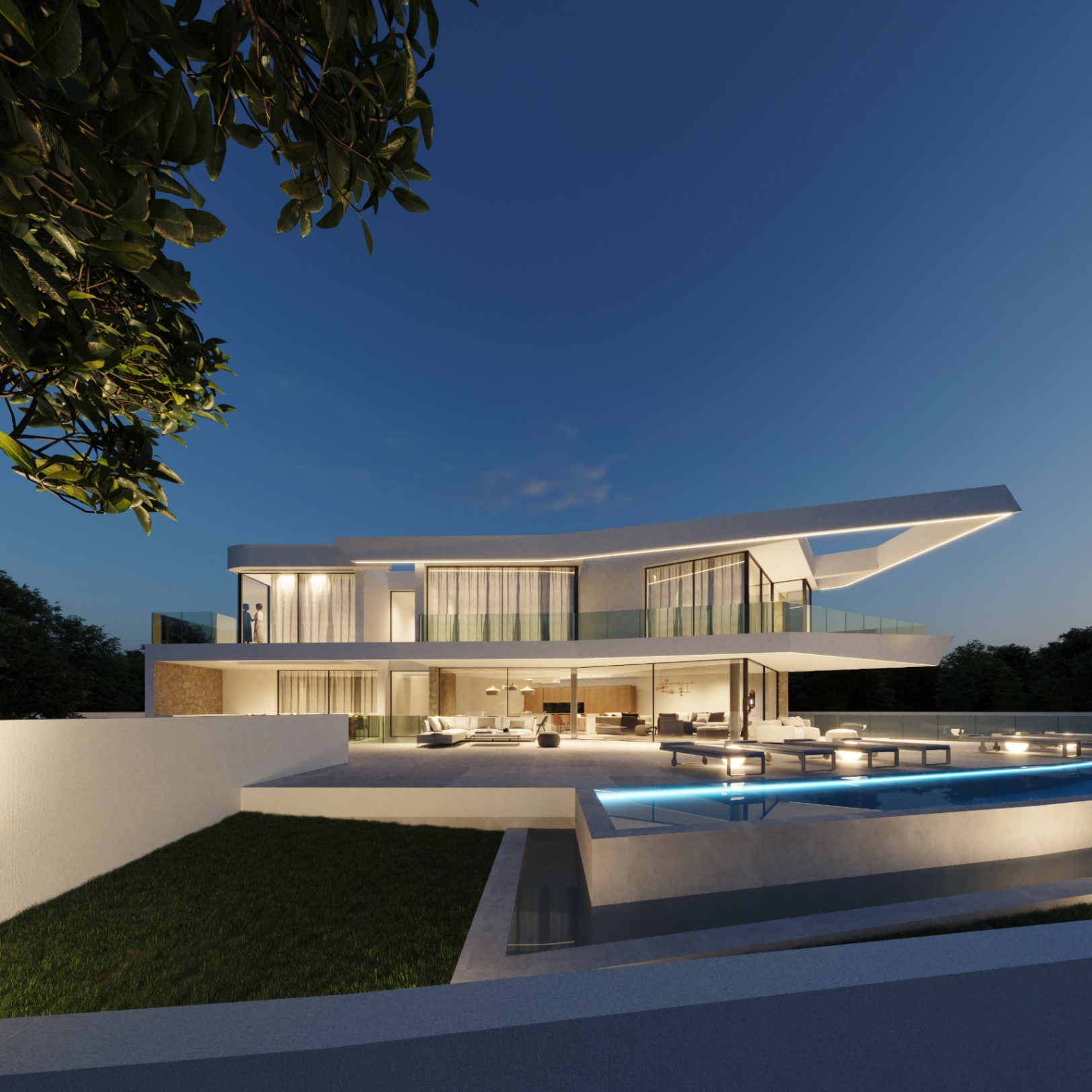 Façade moderne au crépuscule avec éclairage LED linéaire, piscine à débordement rétroéclairée et grandes baies vitrées dévoilant l'intérieur à aire ouverte.