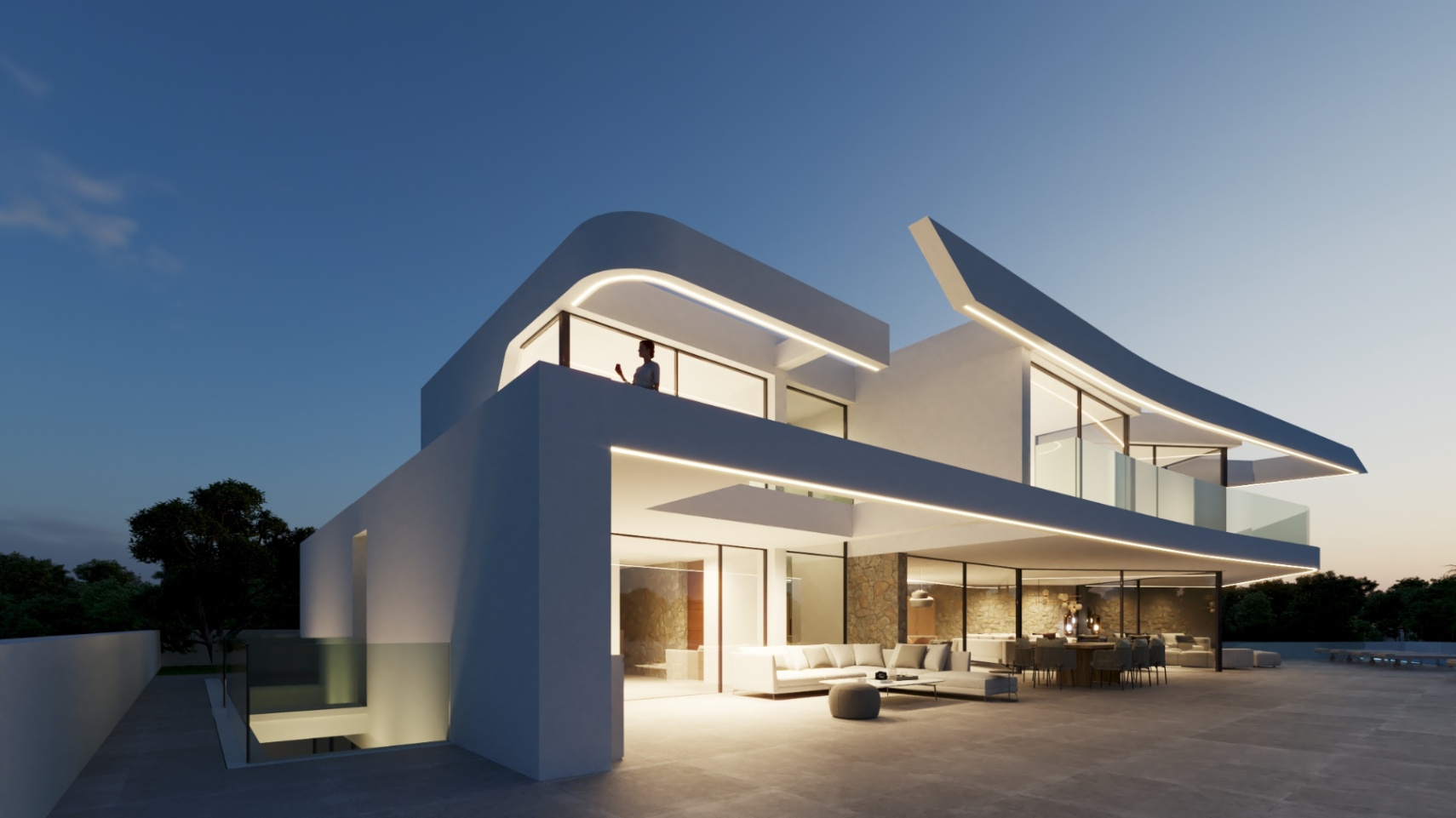 Façade moderne aux lignes courbes et éclairage LED intégré, avec une vaste terrasse comprenant un salon extérieur et des murs en pierre naturelle.