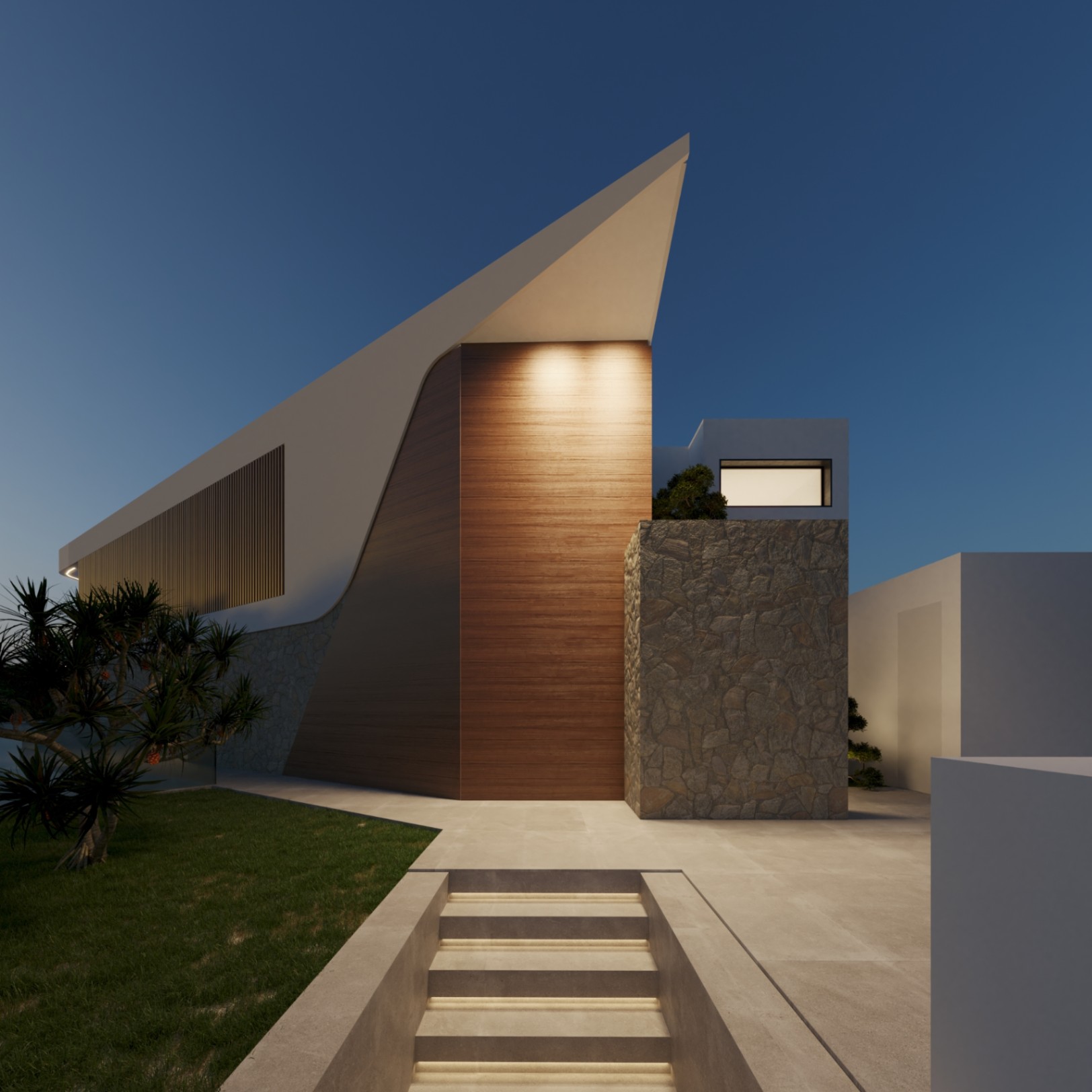 Façade moderne avec murs en pierre naturelle, panneaux de bois et escalier en béton éclairé par LED sous une toiture aux lignes angulaires.