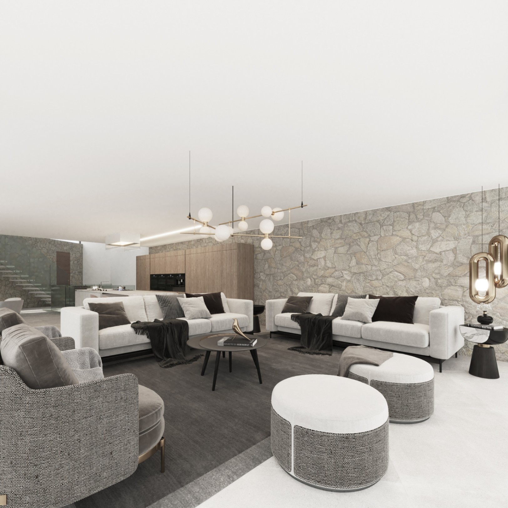 Salon à aire ouverte avec mur en pierre naturelle, mobilier contemporain et cuisine intégrée aux finitions en bois élégantes.
