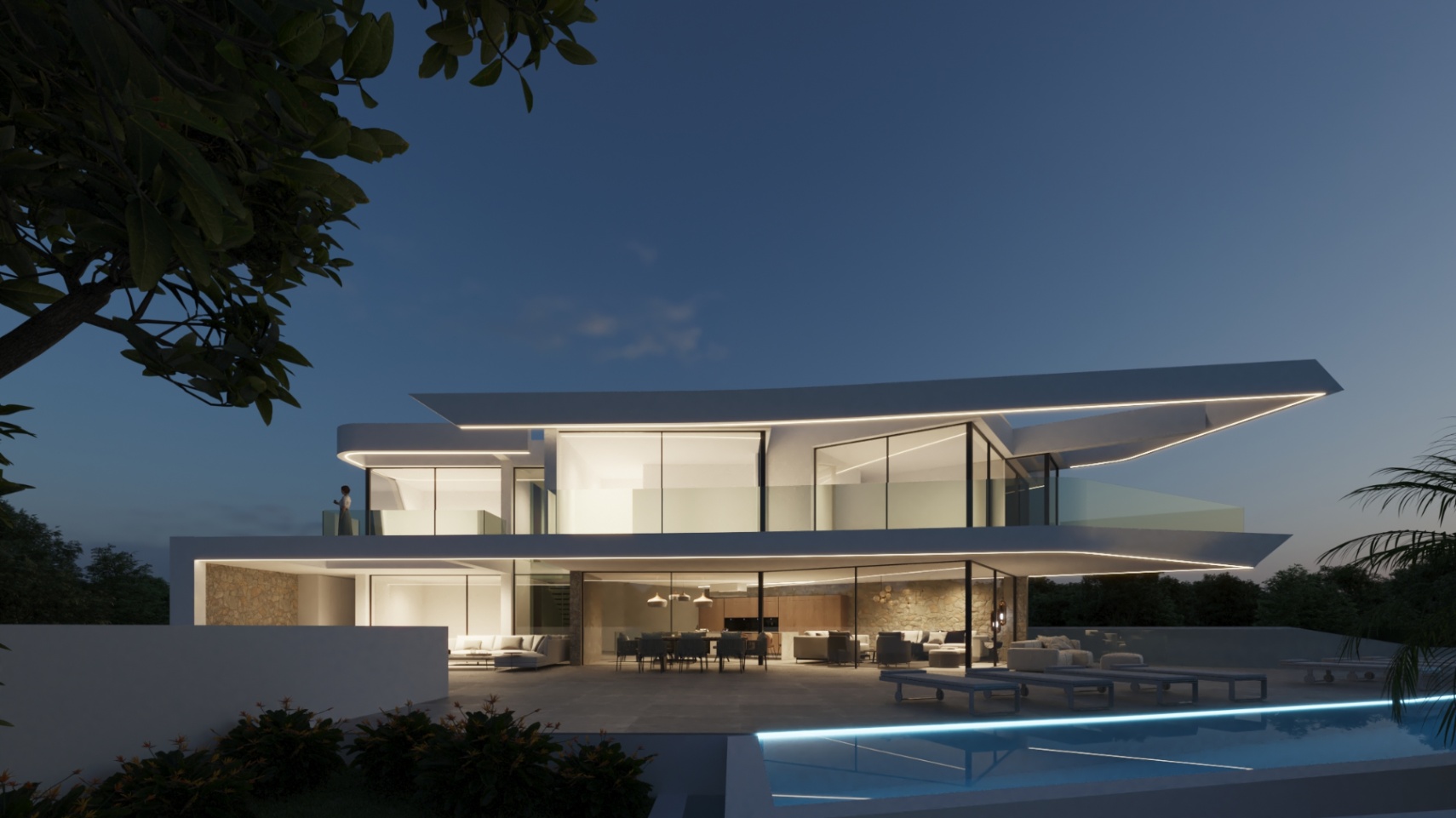 Vue nocturne de la façade avant-gardiste avec porte-à-faux éclairés par LED, baies vitrées toute hauteur et piscine à débordement intégrée à la terrasse principale.