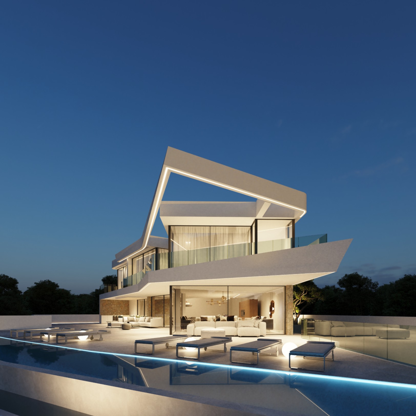Vue nocturne de la façade géométrique avec éclairage LED intégré, mettant en valeur la piscine à débordement et la terrasse aménagée devant le salon vitré.