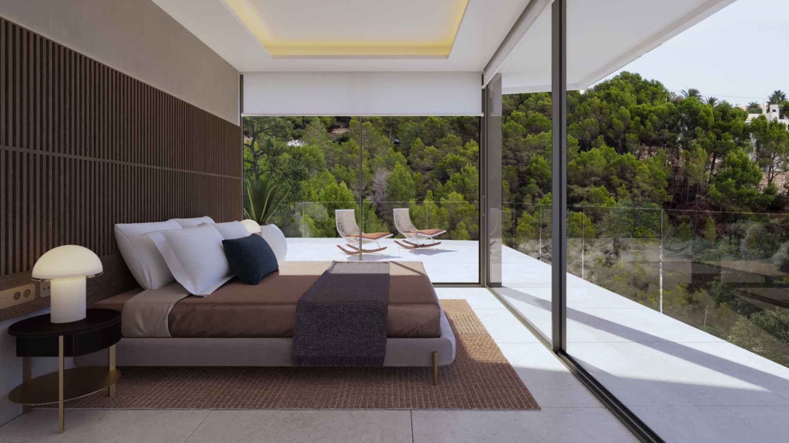 Chambre moderne avec mur en tasseaux de bois, éclairage indirect et baies vitrées ouvrant sur une terrasse privée offrant une vue sur la nature.