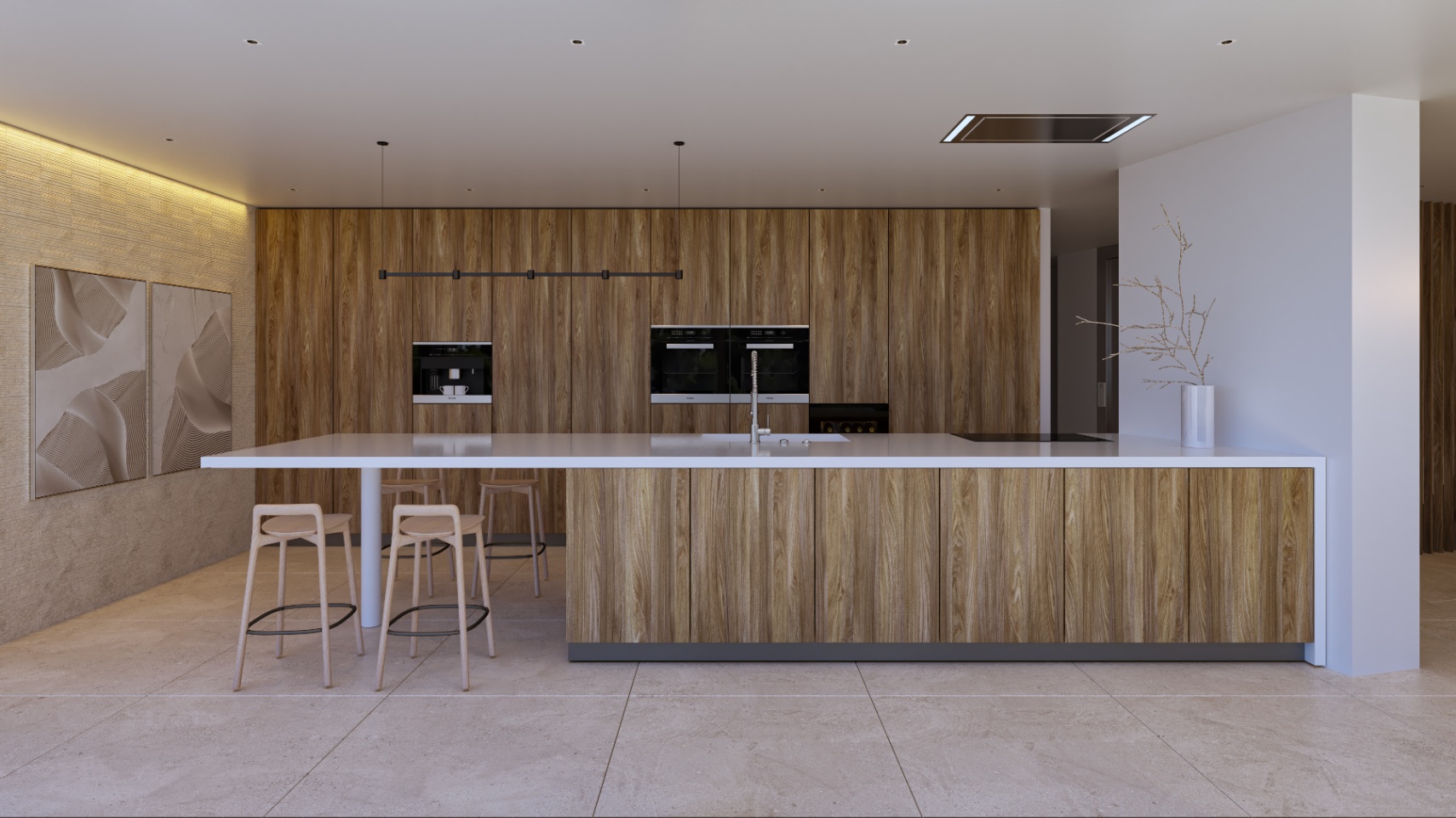 Cuisine de designer avec un îlot central blanc et des armoires en bois intégrées. Équipée d'appareils haut de gamme, d'un éclairage LED indirect et d'un sol en grès cérame.