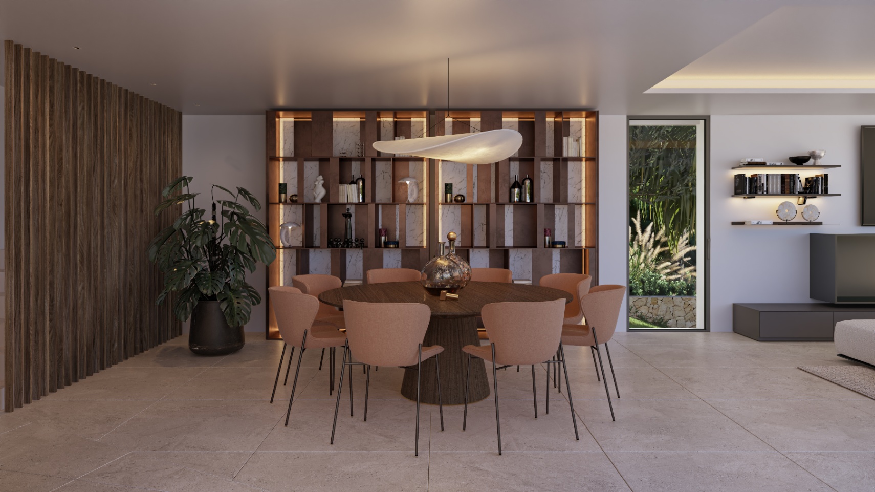 Espace dînatoire moderne avec table ronde en bois, chaises terracotta et une bibliothèque rétroéclairée sur mesure alliant marbre et finitions boisées élégantes.