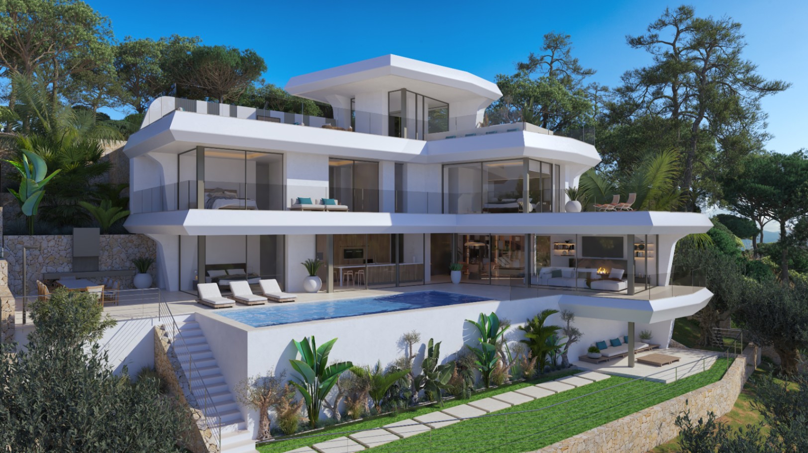 Façade moderne sur quatre niveaux aux lignes blanches géométriques, grandes baies vitrées, piscine à débordement et terrasses avec garde-corps en verre.