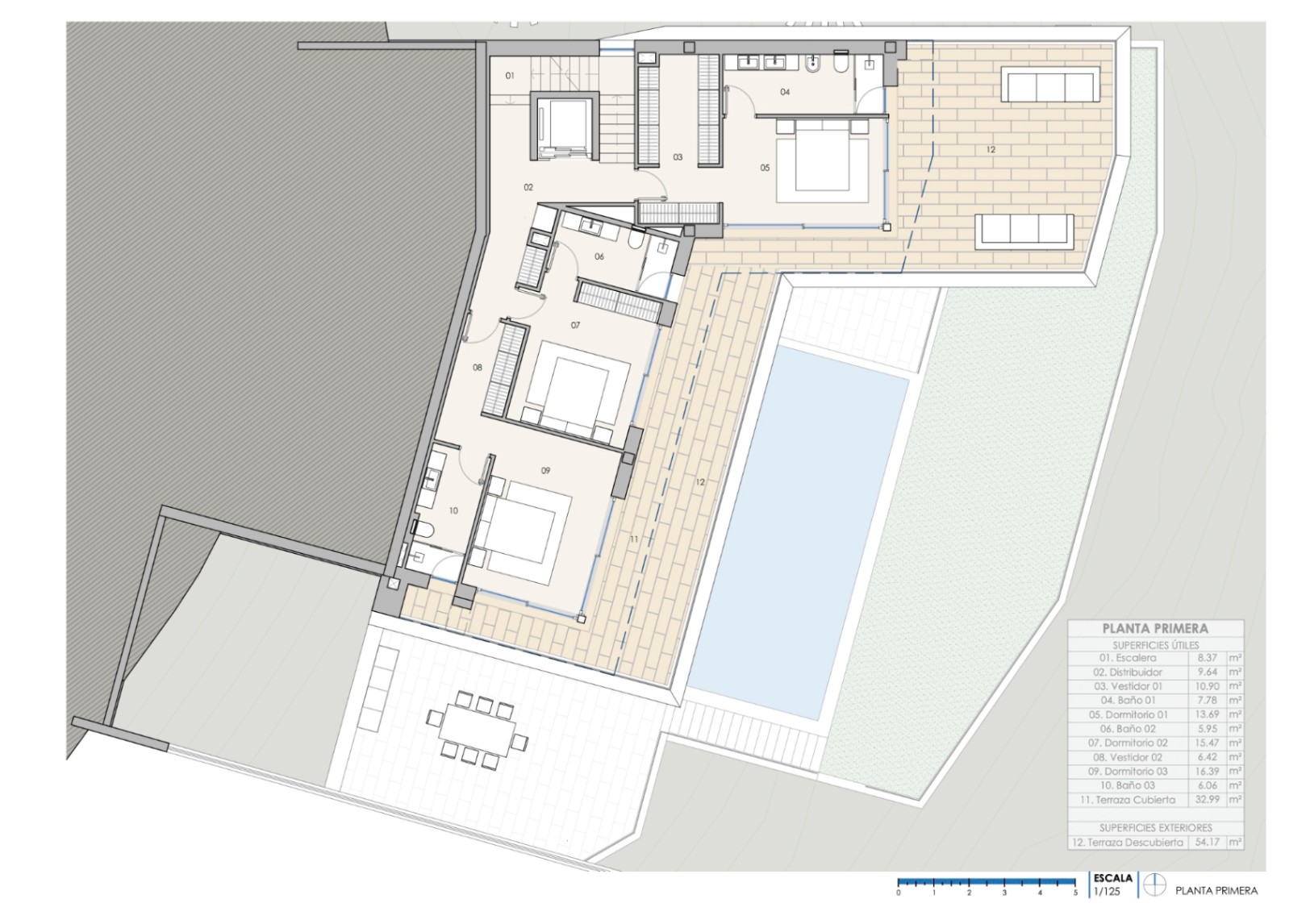 Plan d'architecte du premier étage présentant trois chambres avec salles de bains attenantes, dressings et accès direct à la grande terrasse et piscine.