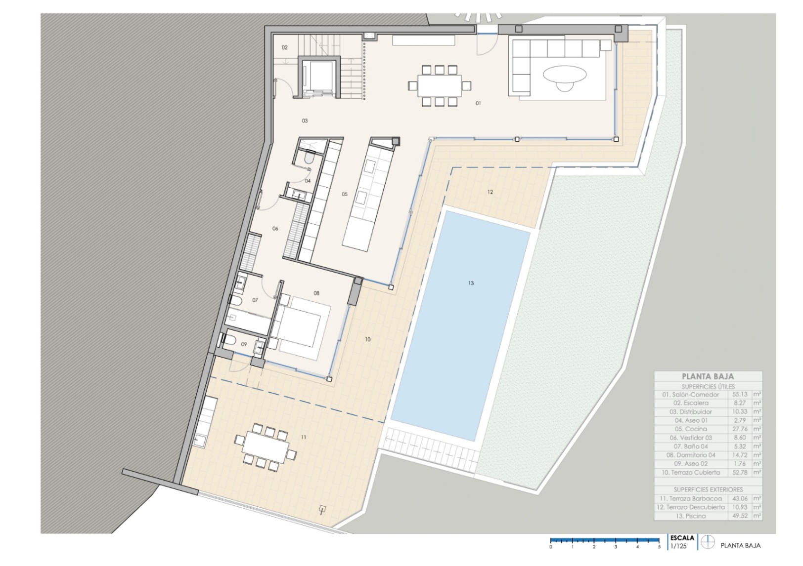 Plan d'architecte du rez-de-chaussée présentant le séjour de 55 m², la cuisine avec îlot, une chambre et l'espace extérieur avec piscine et terrasse barbecue.