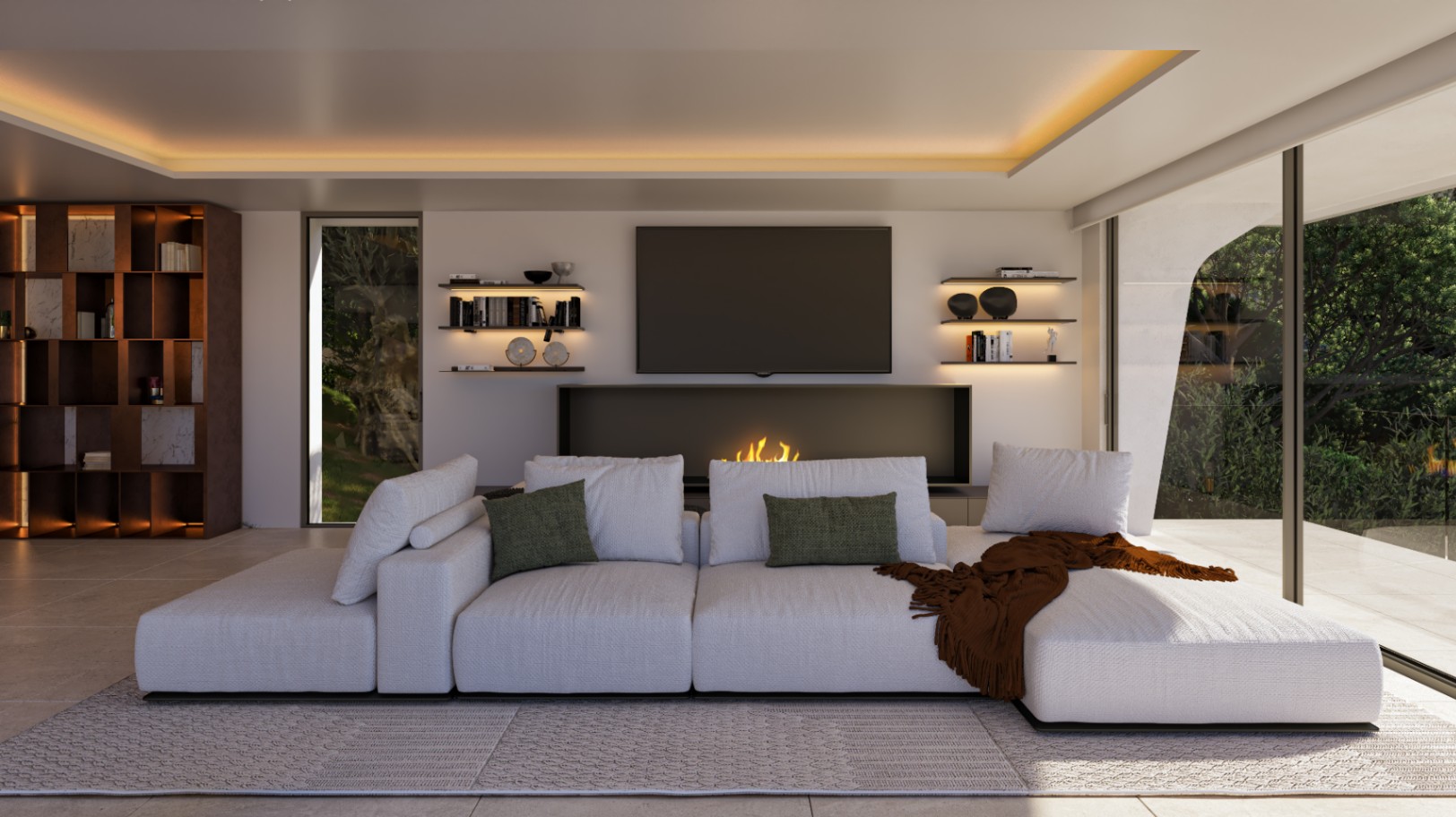 Salon contemporain avec canapé modulaire blanc, cheminée intégrée et étagères rétroéclairées. De larges baies vitrées s'ouvrent sur la terrasse et la végétation environnante.