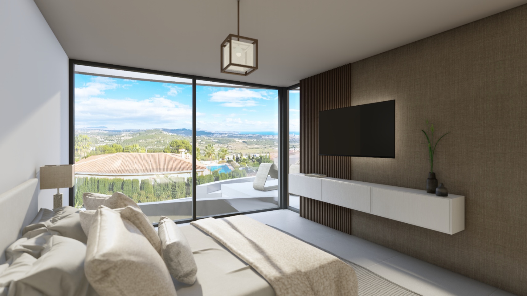 Chambre moderne avec baies vitrées offrant une vue panoramique, mur d'accent texturé avec lattes de bois et mobilier suspendu épuré.