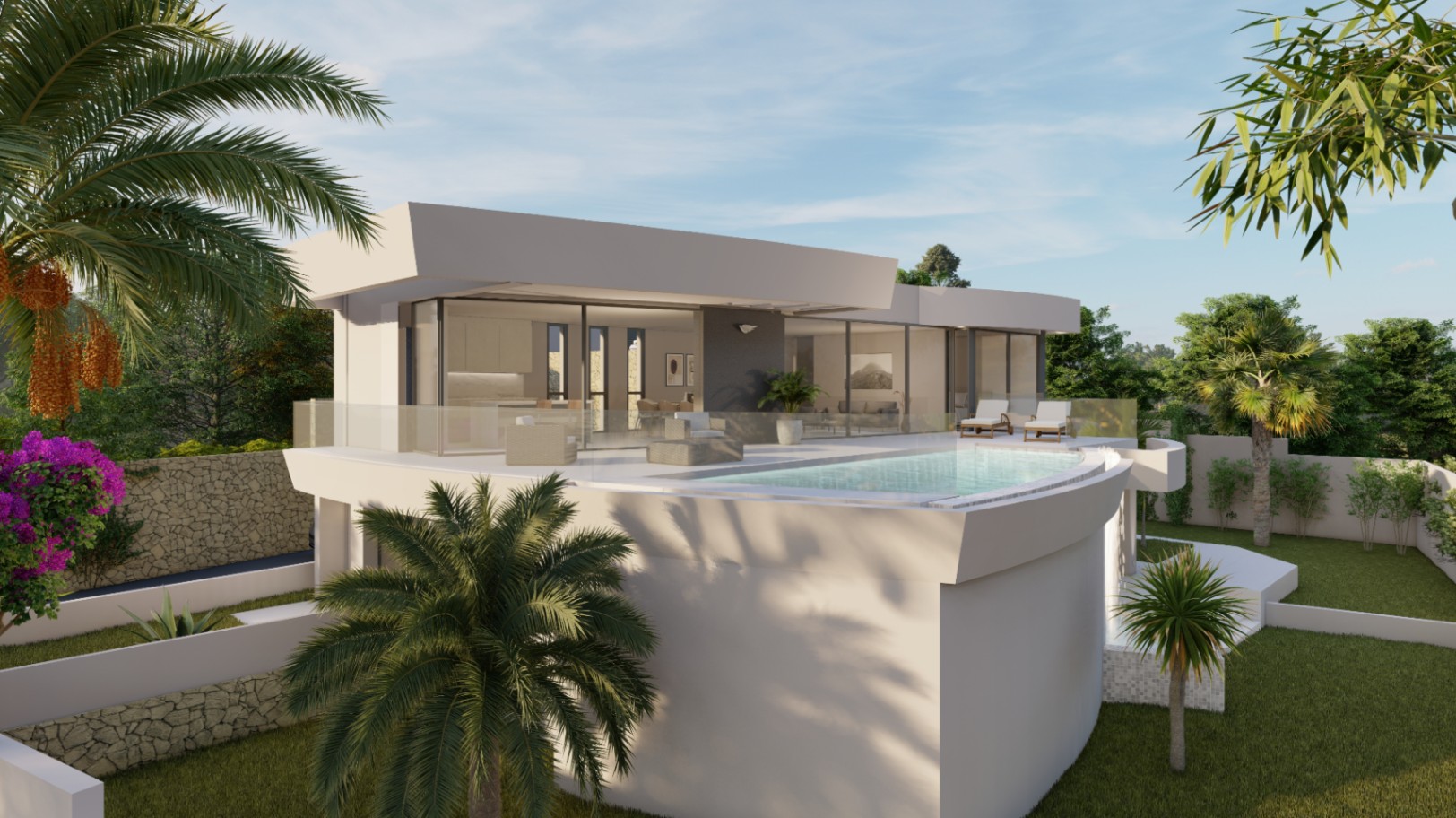 Extérieur de la villa avec piscine à débordement incurvée, terrasse spacieuse aux garde-corps en verre et jardin paysager agrémenté de palmiers et murs en pierre.