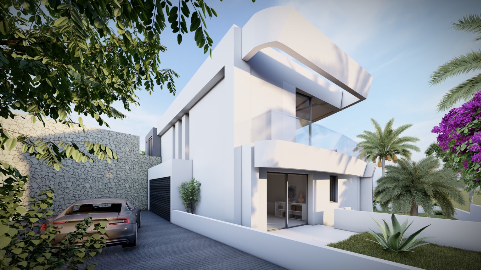 Façade latérale de la villa à l'architecture géométrique blanche, garage privé, murs en pierre naturelle et jardin méditerranéen avec palmiers.