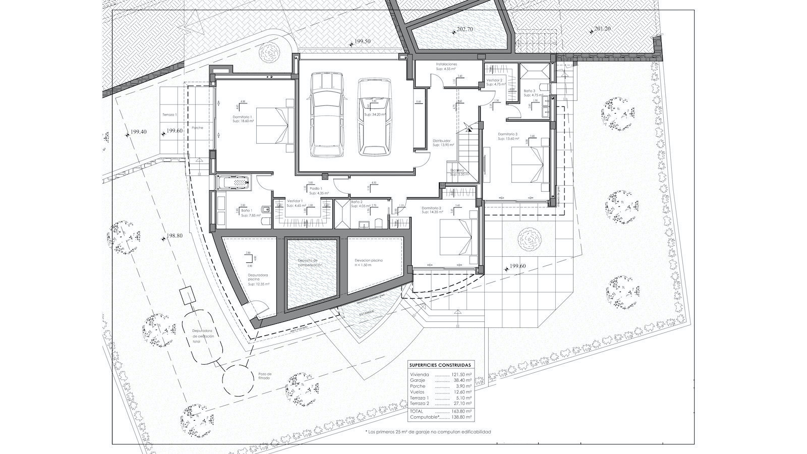 Plan technique du niveau inférieur détaillant la disposition de trois chambres avec salles de bains attenantes, dressings, un garage double et les zones techniques.