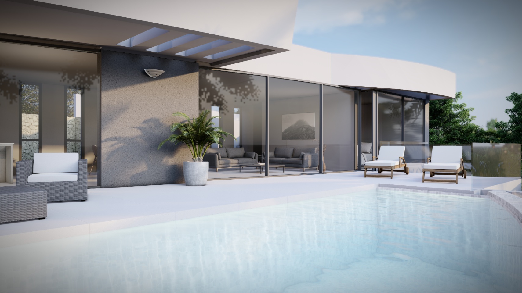 Terrasse extérieure avec piscine à débordement et mobilier de salon, reliée au séjour par de larges baies vitrées toute hauteur.