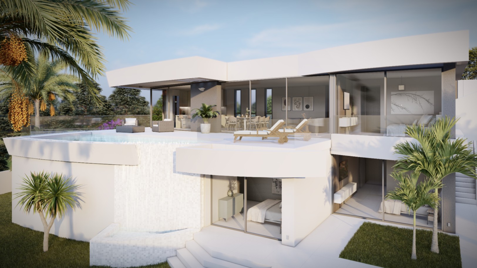Villa moderne sur deux niveaux avec piscine à débordement et cascade frontale. De larges baies vitrées relient les espaces de vie et les chambres aux terrasses ensoleillées.