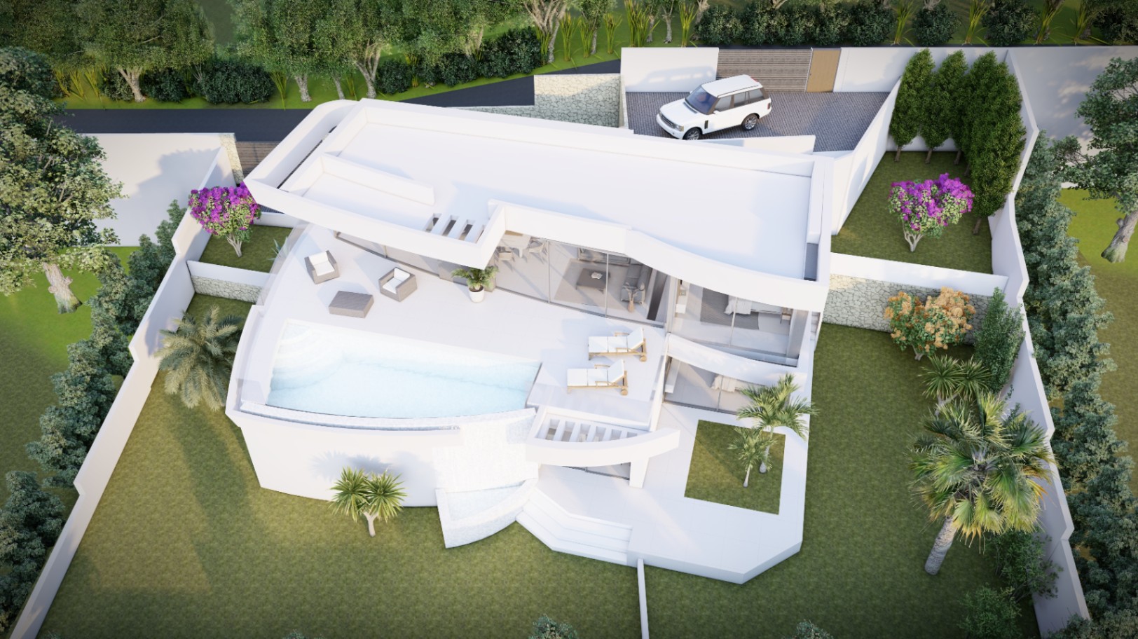 Vue aérienne de la villa moderne avec piscine à débordement, terrasses spacieuses et jardin paysager. La propriété dispose d'un parking privé et de murs d'enceinte en pierre.