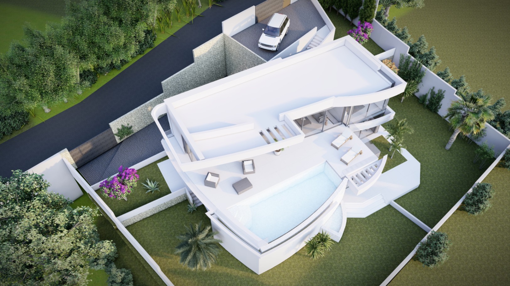 Vue aérienne de la villa soulignant son design géométrique blanc, sa piscine à débordement incurvée, ses terrasses aménagées et son terrain clos avec jardins et parking.