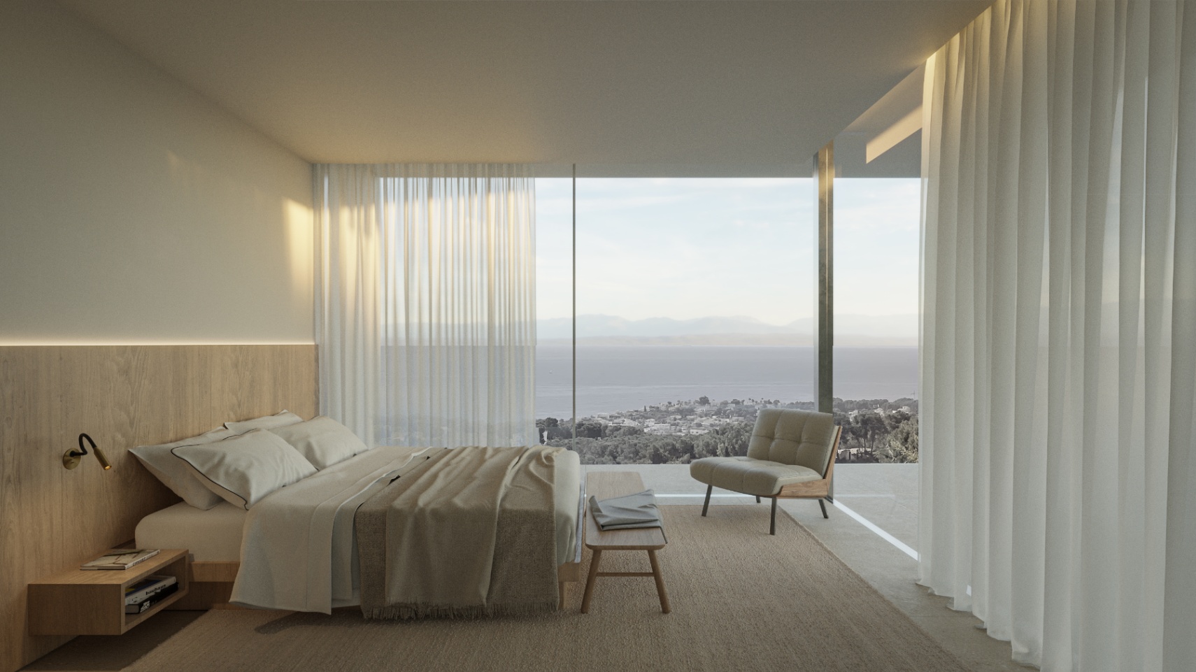 Chambre principale avec baies vitrées toute hauteur offrant une vue panoramique sur la mer, tête de lit en bois avec éclairage LED intégré et mobilier minimaliste.
