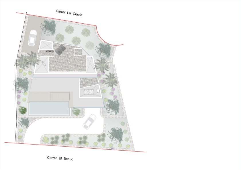Plan de masse détaillant l'aménagement de la parcelle, avec l'emplacement de la piscine, des jardins et des accès depuis Carrer La Cigala et Carrer El Besuc.