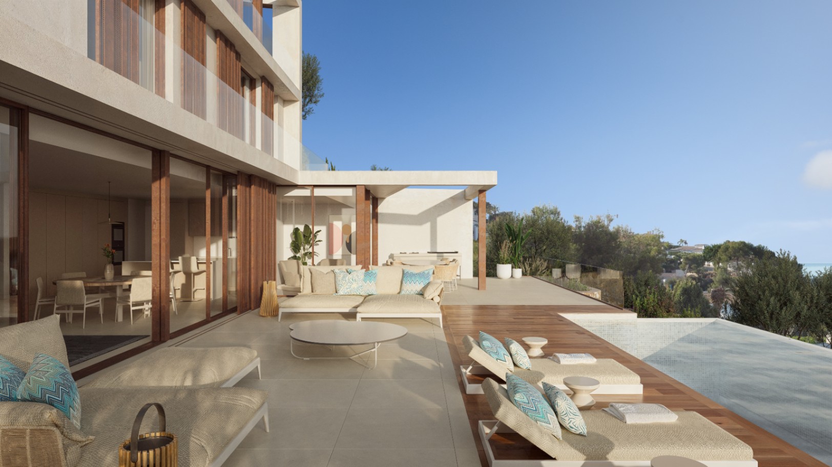 Terrasse principale avec salon d'été, bains de soleil sur deck en bois et piscine à débordement. Les baies vitrées relient l'espace de vie aux extérieurs méditerranéens.