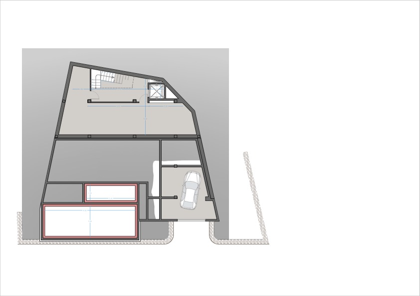 Plan architectural de la villa, présentant la disposition du garage et de l'escalier principal.