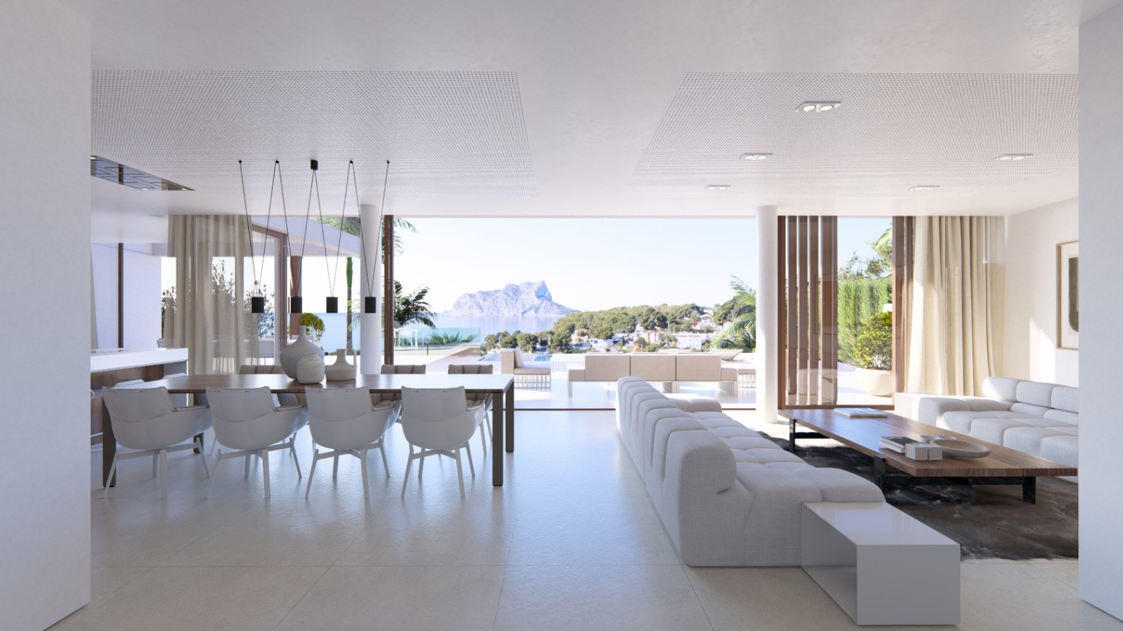 Salon-salle à manger spacieux avec vue panoramique sur la mer et design moderne aux tons neutres.