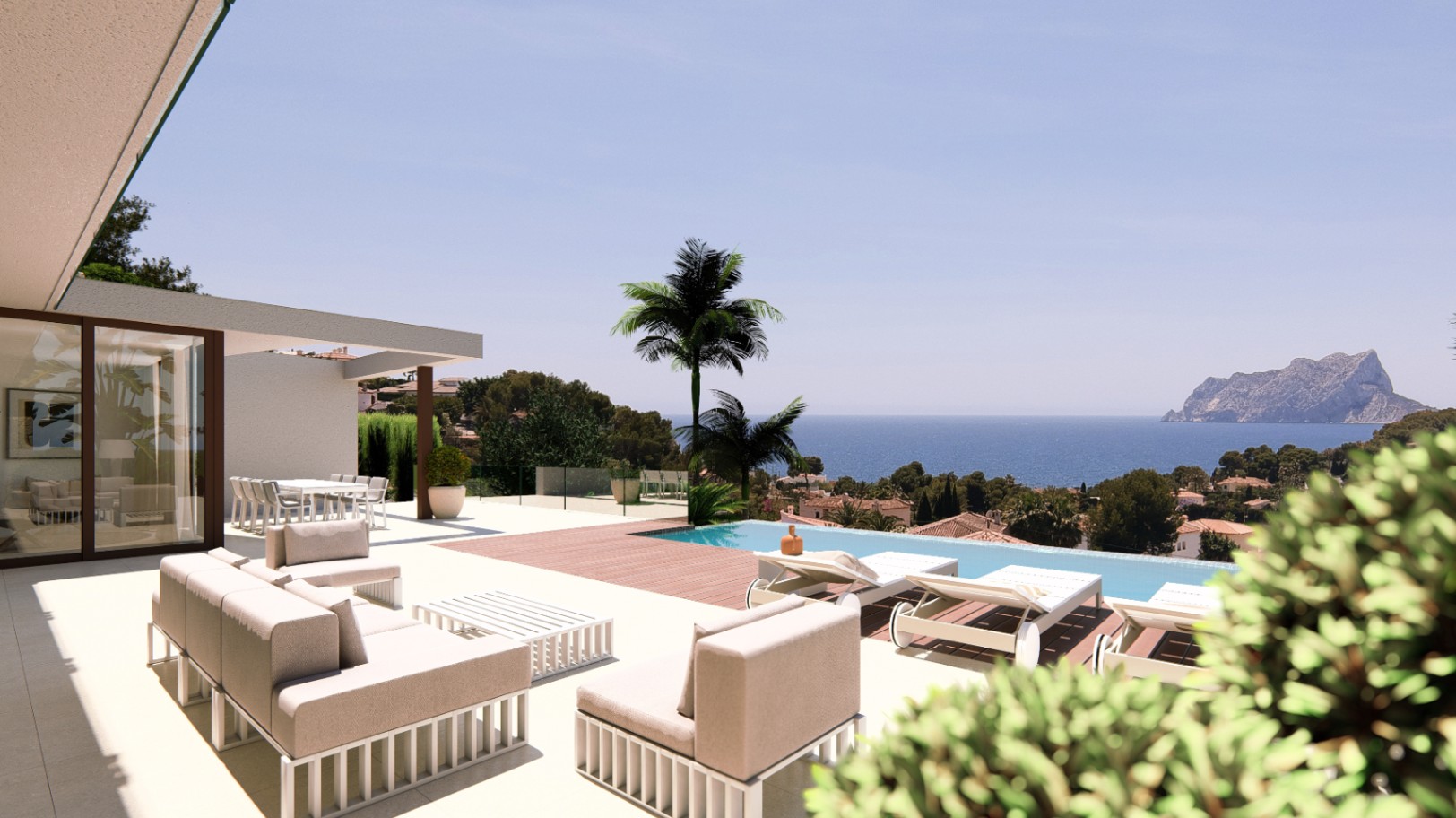 Terrasse avec piscine et vue sur la mer, mobilier d'extérieur aux tons neutres.