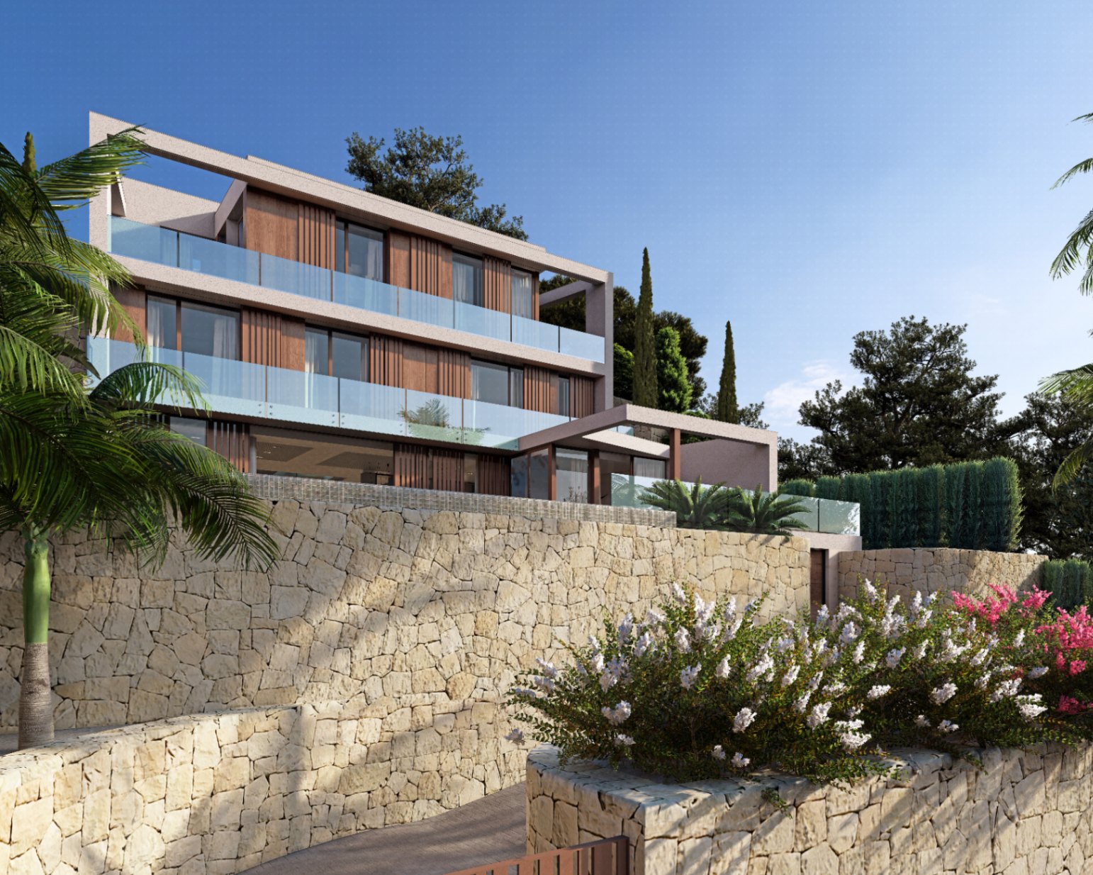 Vue extérieure de la villa avec façade en bois et murs en pierre naturelle.
