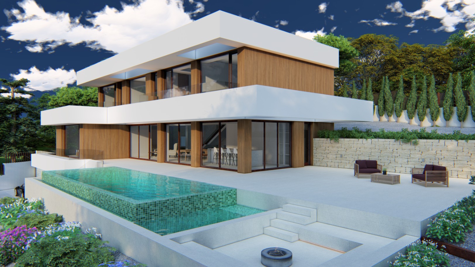 Extérieur de villa moderne avec façade en bois, piscine à débordement en mosaïque turquoise et espace salon extérieur avec foyer intégré.