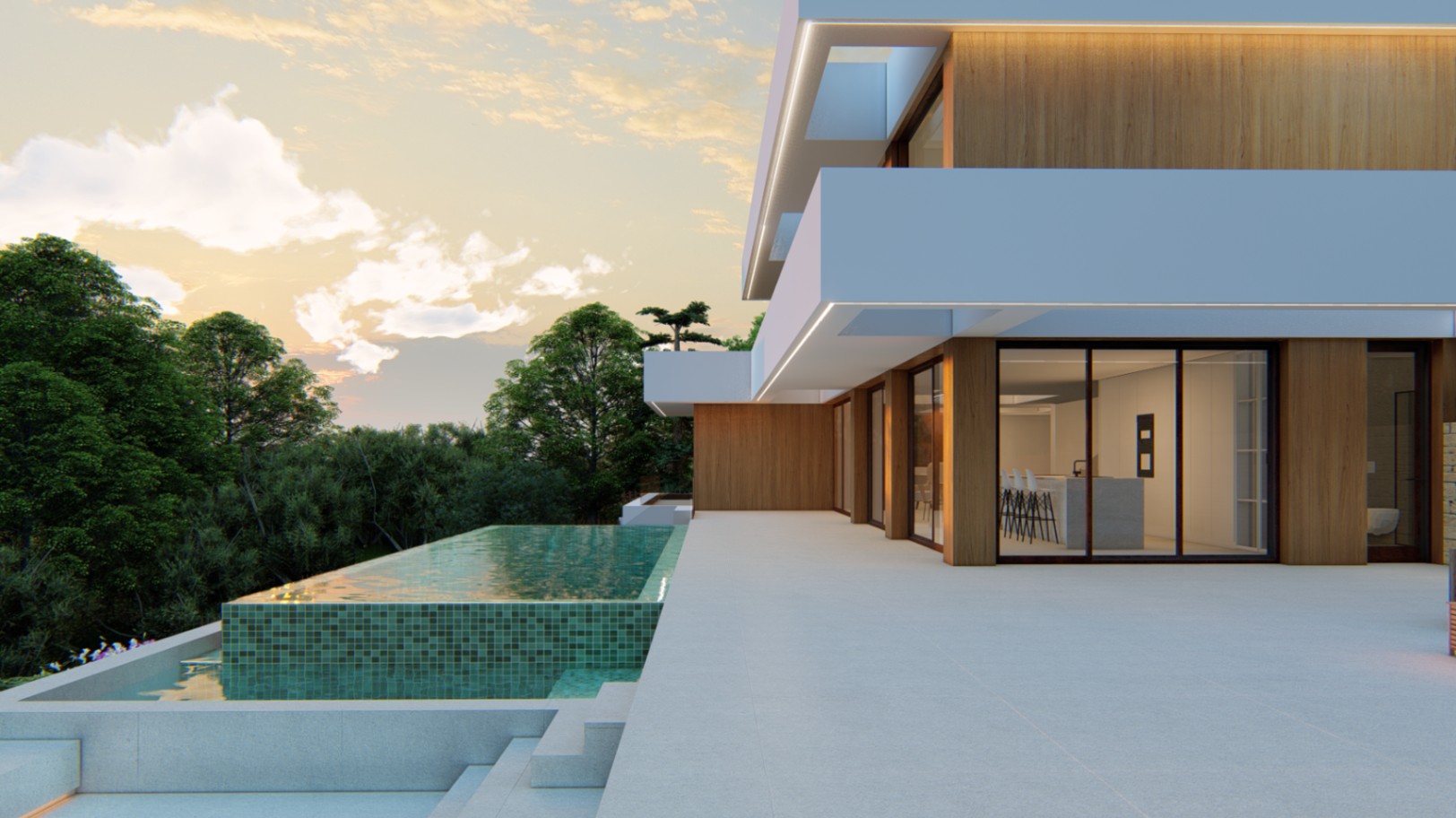 Façade moderne avec bardage en bois et éclairage LED intégré, jouxtant une piscine à débordement en mosaïque verte et une vaste terrasse en grès cérame au crépuscule.