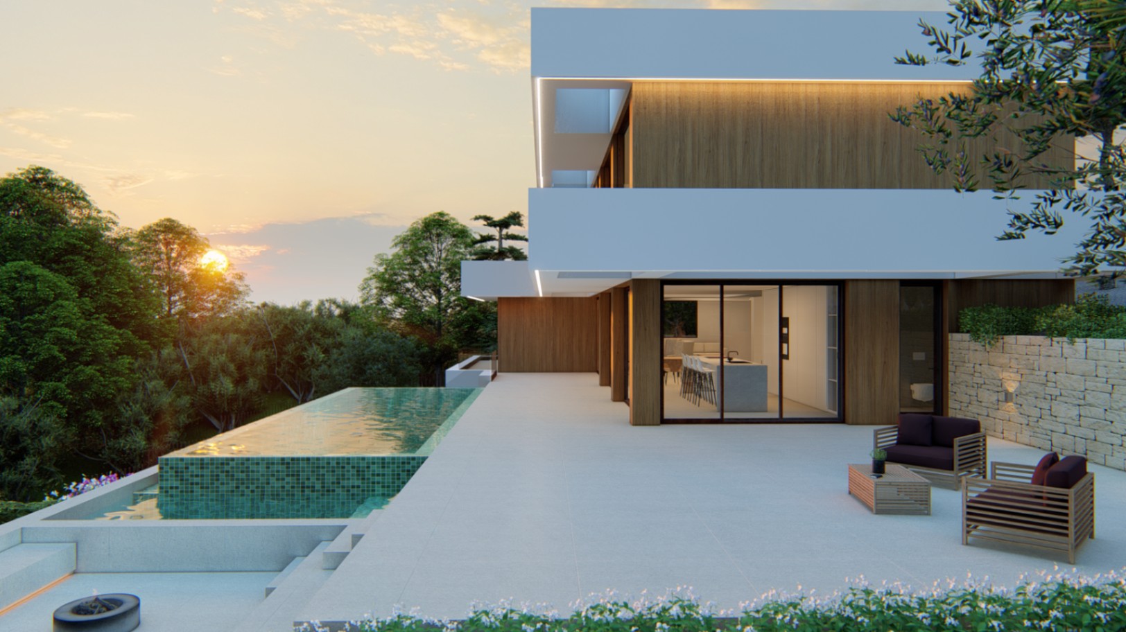 Façade moderne avec parement en bois et baies vitrées. La terrasse principale dispose d'une piscine à débordement en mosaïque verte et d'un salon extérieur au crépuscule.