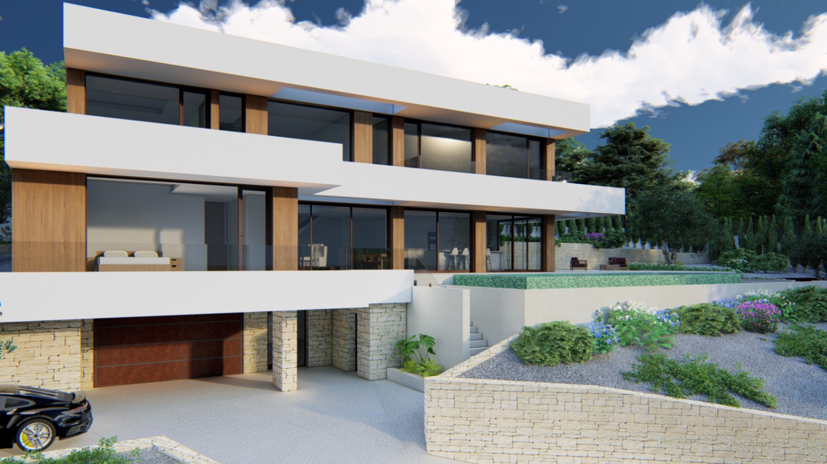 Façade moderne sur trois niveaux alliant bois et pierre naturelle. Comprend une piscine à débordement, de larges baies vitrées et un accès au garage intégré.