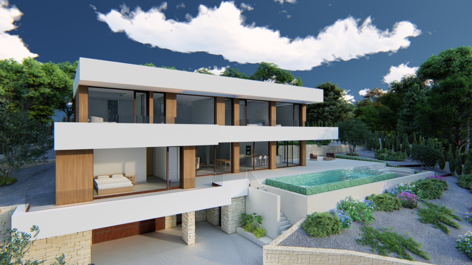 Façade moderne sur trois niveaux avec finitions en bois et pierre, comprenant une piscine à débordement et de larges baies vitrées dans un jardin paysager.