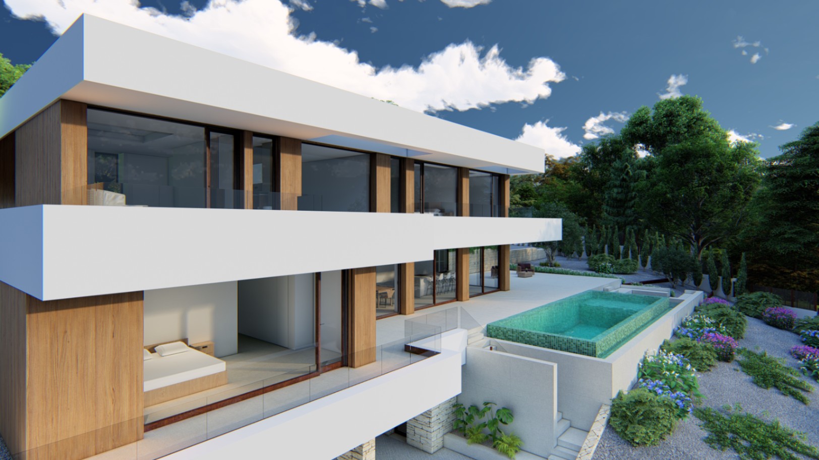 Façade moderne sur trois niveaux avec structures blanches en porte-à-faux, bardage en bois et piscine à débordement en mosaïque turquoise sur la terrasse.