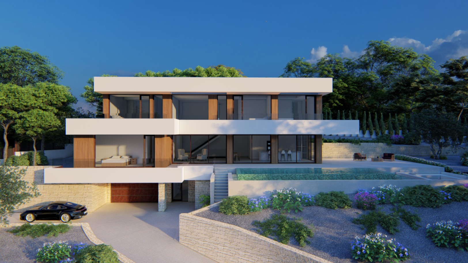 Façade moderne sur trois niveaux avec volumes blancs, panneaux en bois et murs en pierre. Comprend une piscine à débordement sur une vaste terrasse et de grandes baies vitrées.