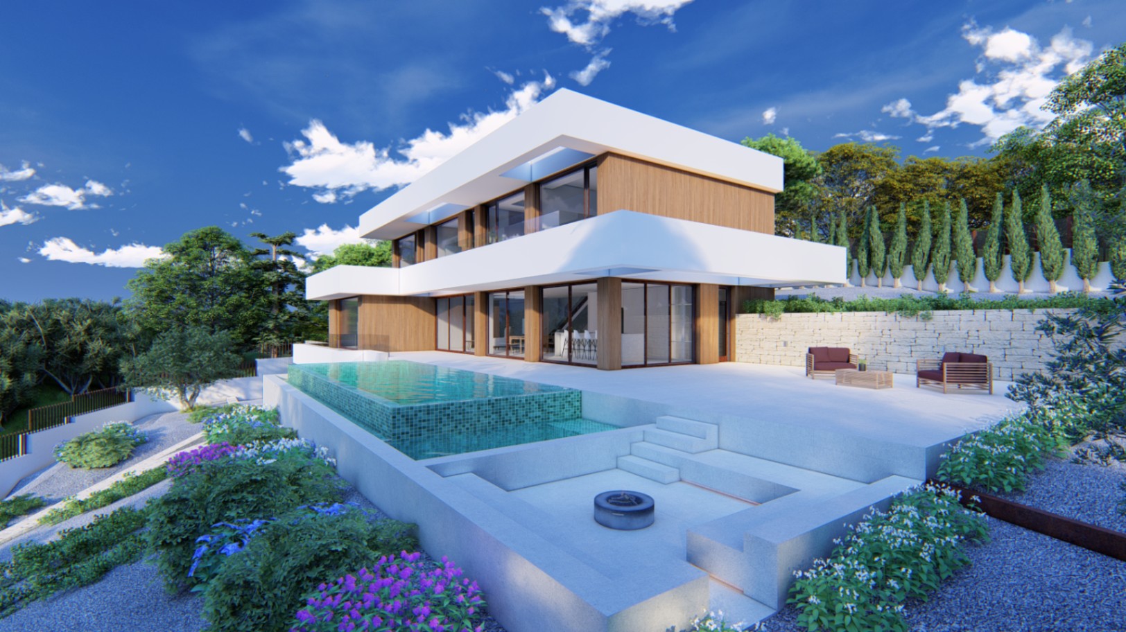 Vue extérieure de la villa moderne avec façade en bois, piscine à débordement et salon encastré avec brasero dans un jardin paysager méditerranéen.