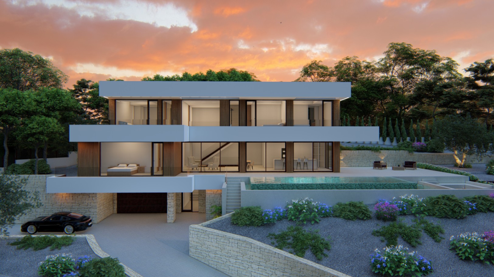 Vue extérieure de la villa sur trois niveaux avec architecture minimaliste, grandes baies vitrées, piscine à débordement et murs en pierre naturelle au crépuscule.