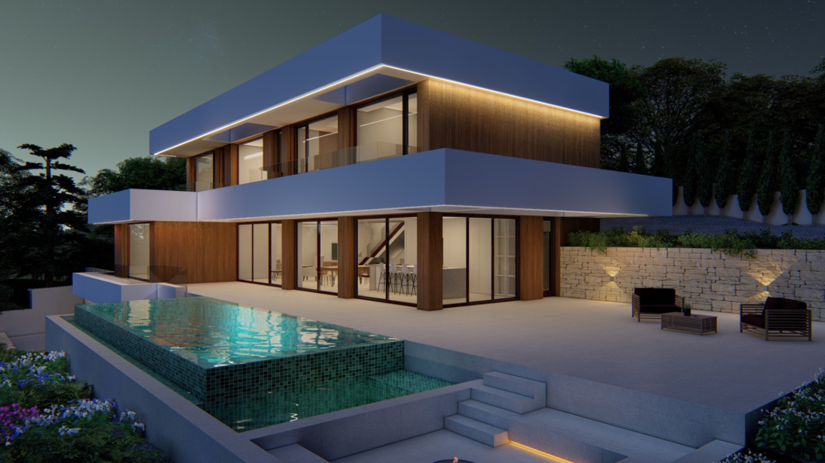 Vue nocturne de la villa avec façade en bois, piscine à débordement en mosaïque verte et grande terrasse éclairée par LED avec espace lounge extérieur.
