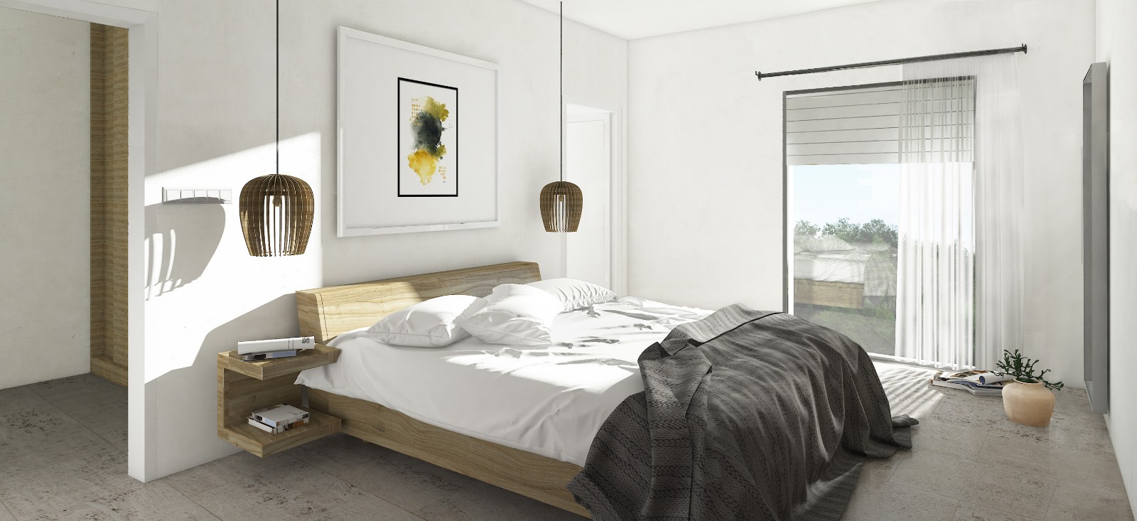 Chambre moderne avec cadre de lit en bois, tables de chevet flottantes et suspensions design. Grande baie vitrée offrant une lumière naturelle et vue sur la verdure.