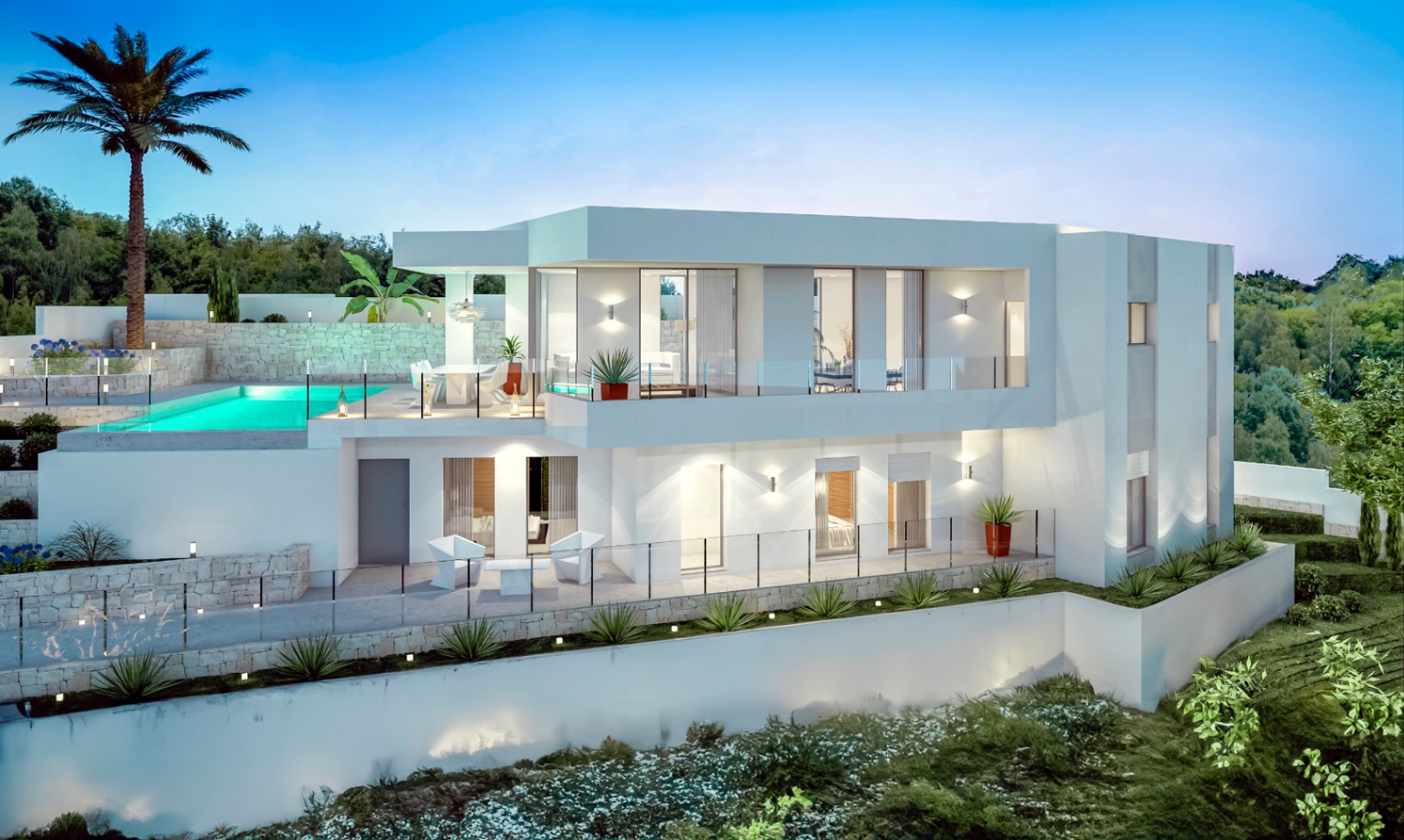 Façade extérieure d'une villa moderne sur deux niveaux avec piscine à débordement, garde-corps en verre et murs en pierre naturelle éclairés au crépuscule.