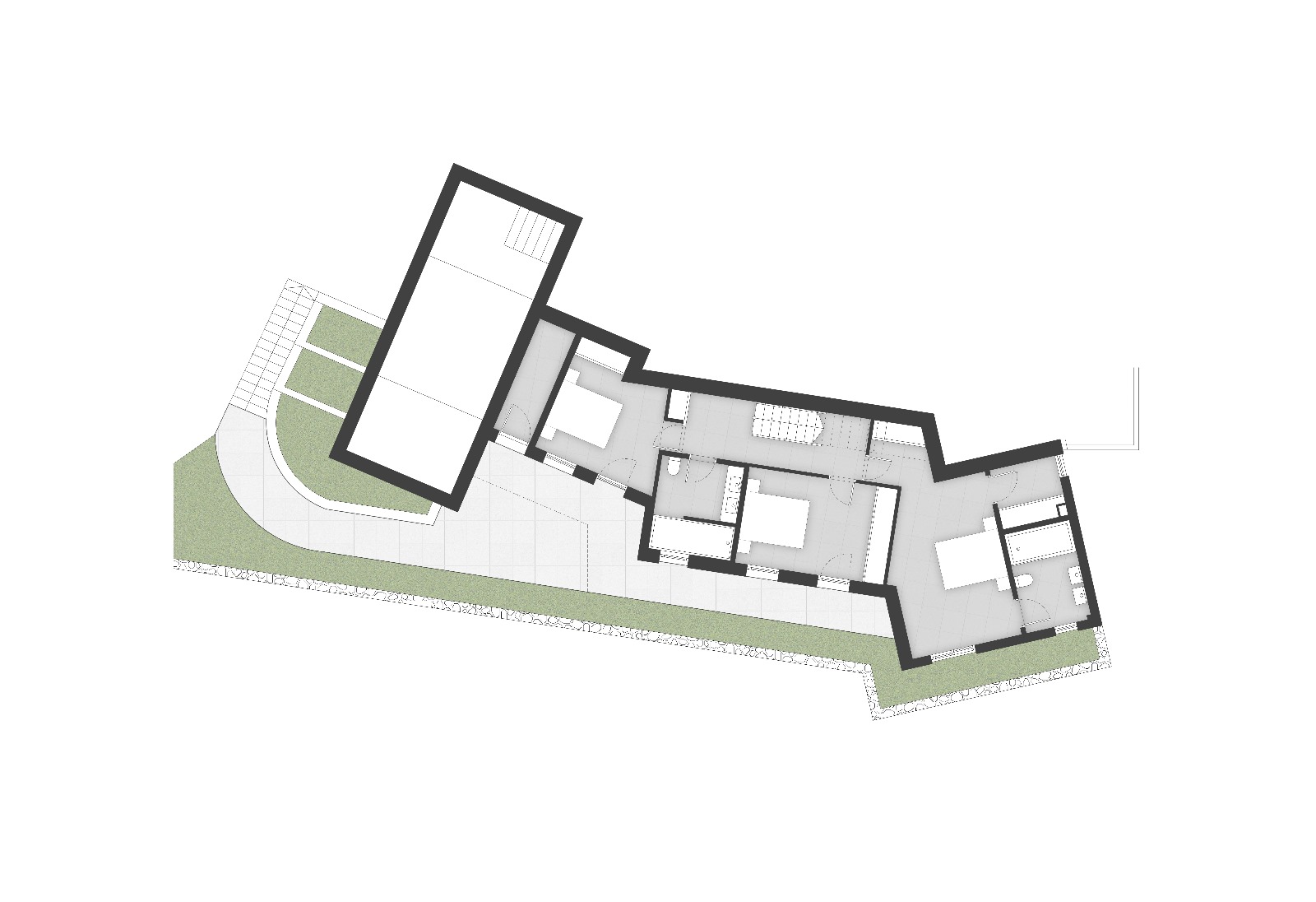 Plan d'architecte du niveau inférieur montrant la distribution de trois chambres, deux salles de bains et l'accès à la terrasse extérieure.